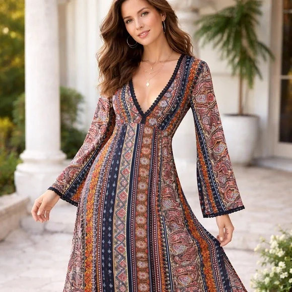 Boho Paisley Maxi Dress Long Sleeve Festival Bohemian Large - Picture 2 of 15